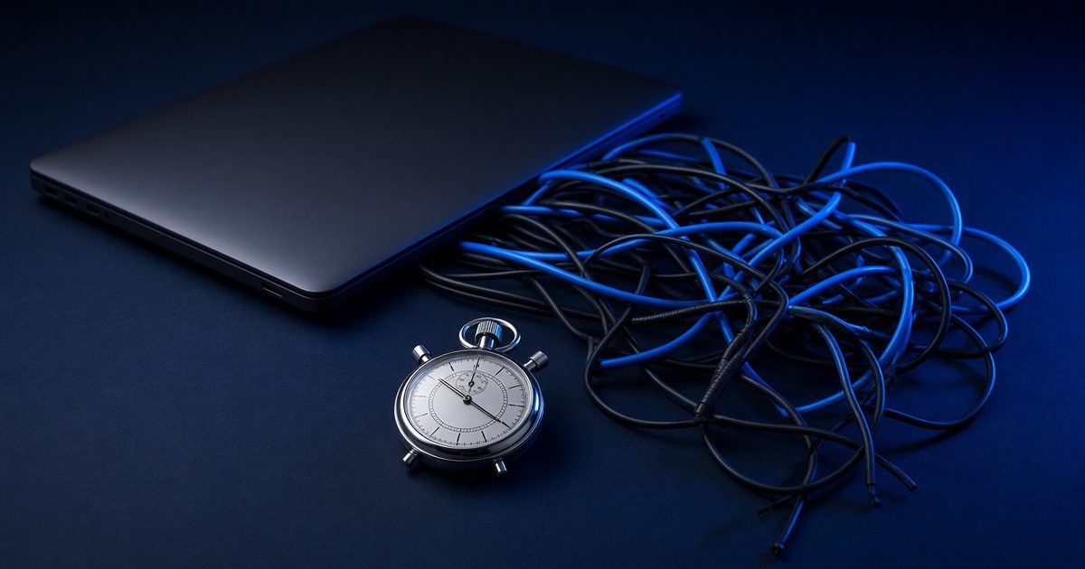 Stopwatch beside closed laptop and tangled cables