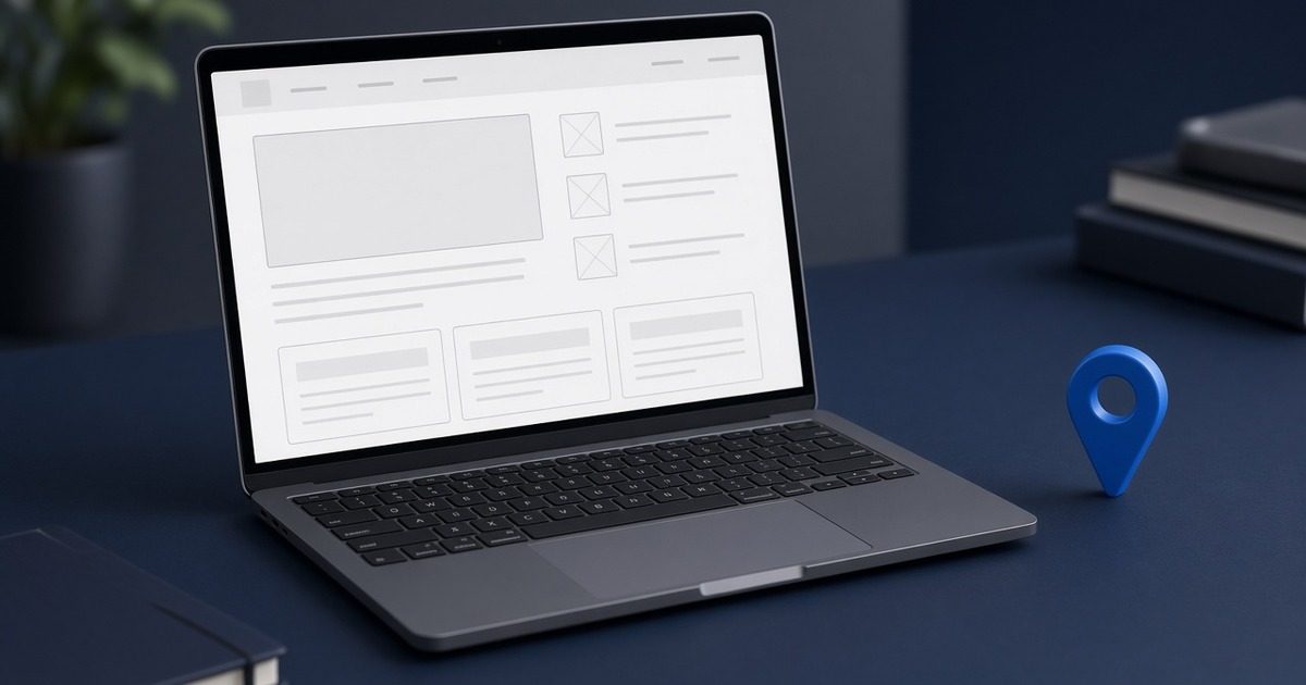 Maps pin beside a website on a laptop