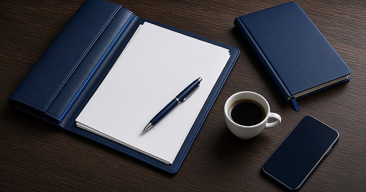 Navy folder, blank papers and pen on a dark desk