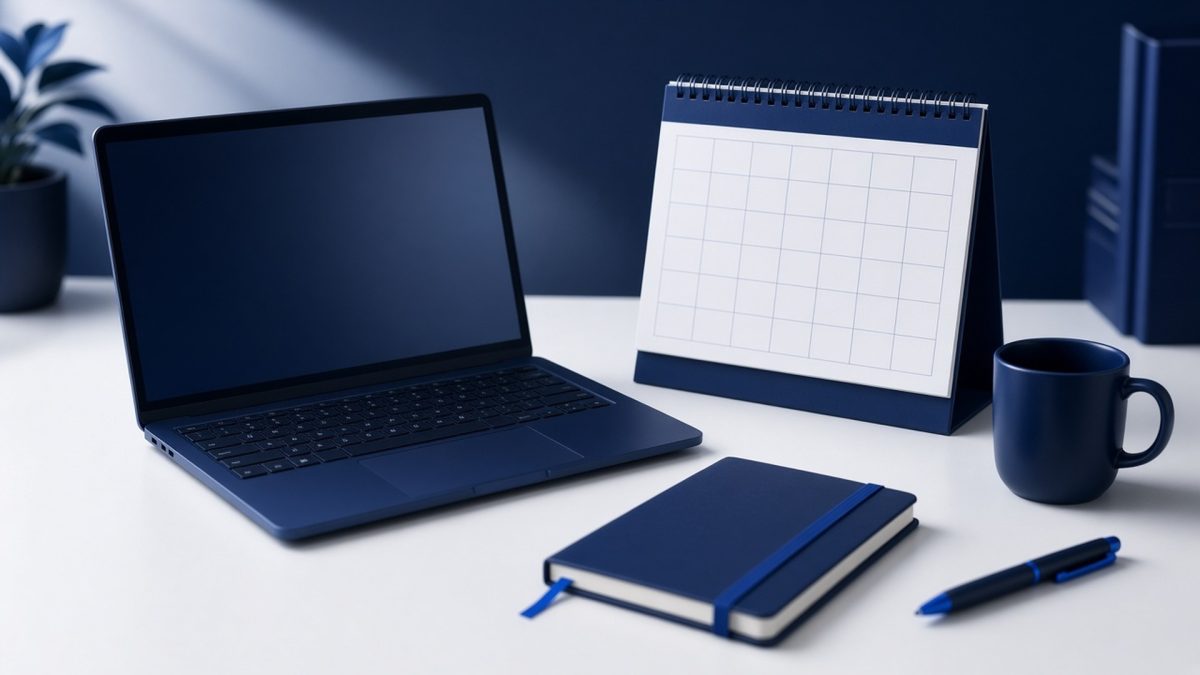 Desk calendar beside an open laptop