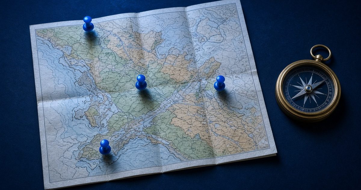 Folded regional map with pushpins and compass