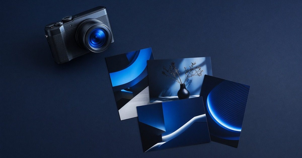 Camera on a table with printed photos